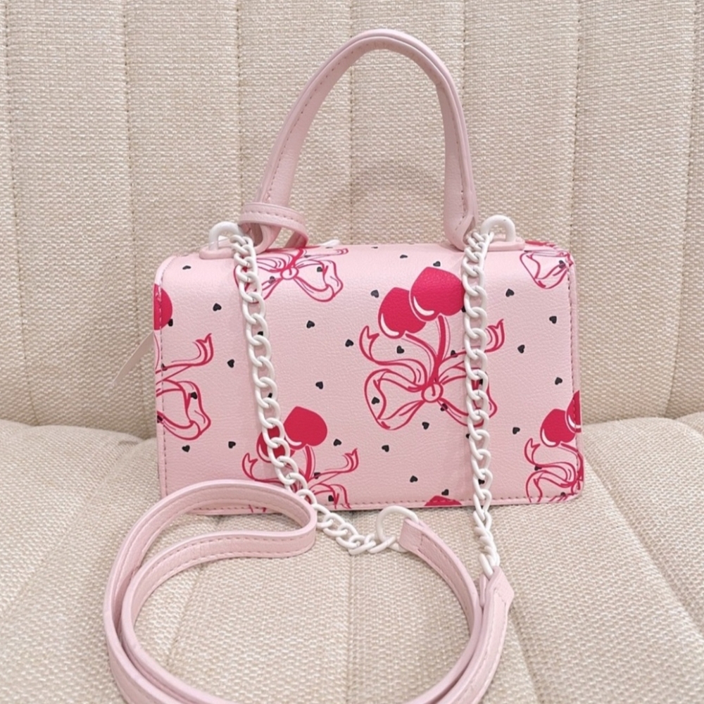 Betsey Johnson LBevie Coquette Bow Cherry Hearts Pink Satchel Crossbody Purse - Picture 6 of 13